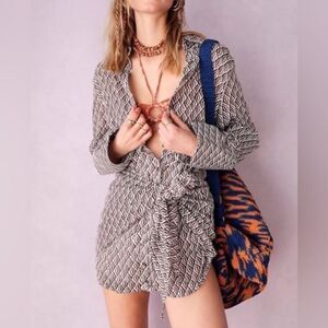 Free People Rillo White/Brown Beach Summer Long Sleeve Short Shirtdress Size S